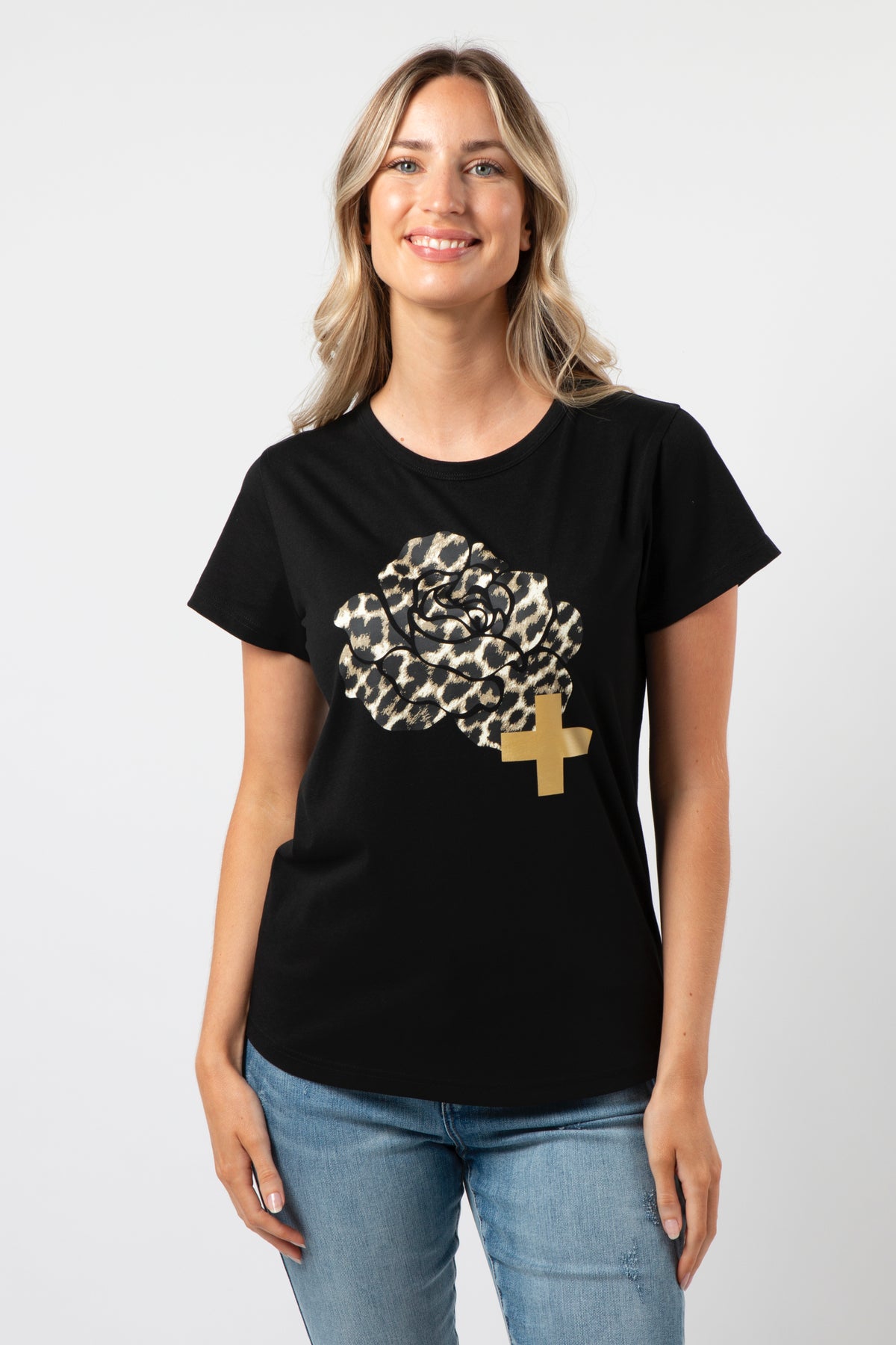T-Shirt Black With Leopard Rose