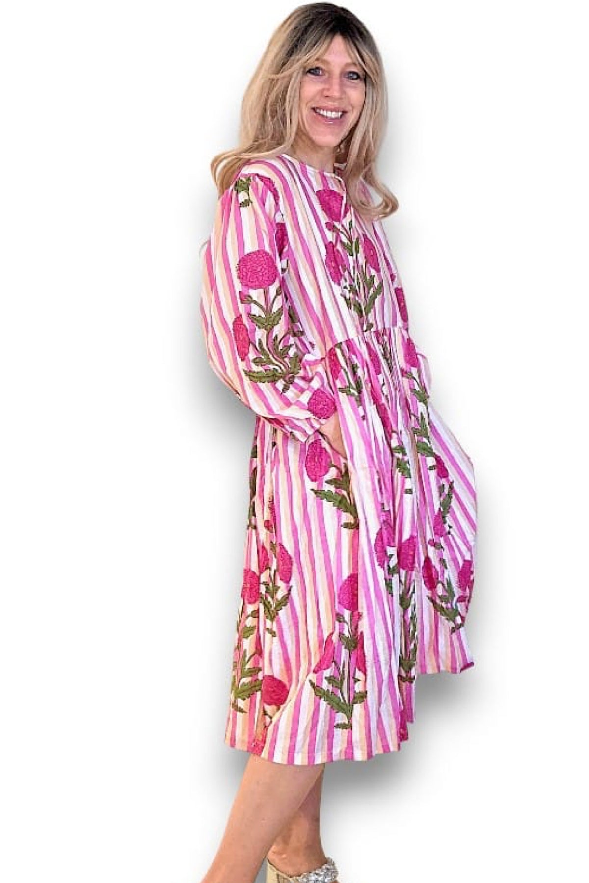 IDA IVY Pouf Sl Dress Pink Dahlia Stripe