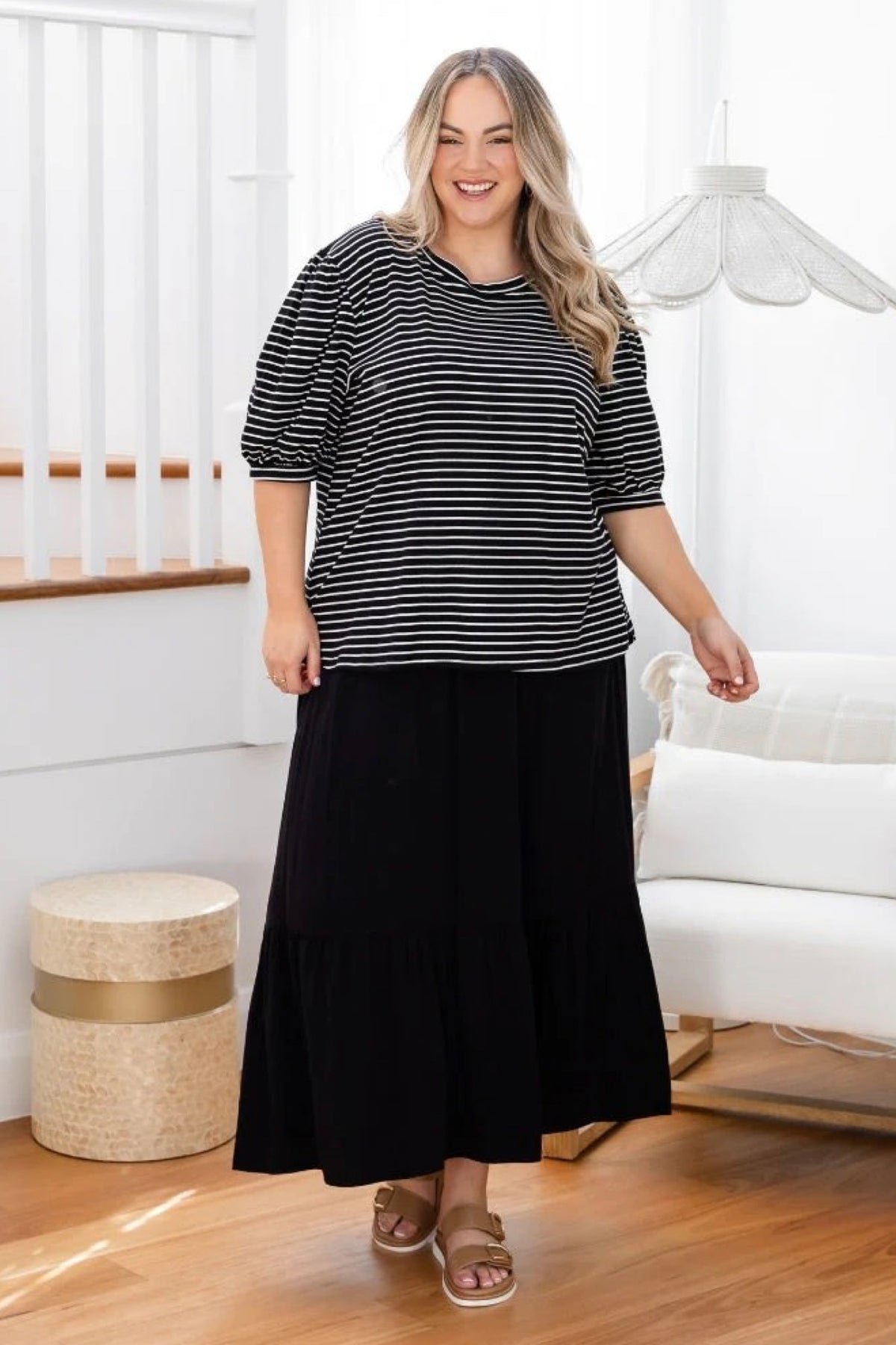 Phoebe Puff Sleeve Tee Black Stripe - PREORDER DELIVERY EARLY DEC