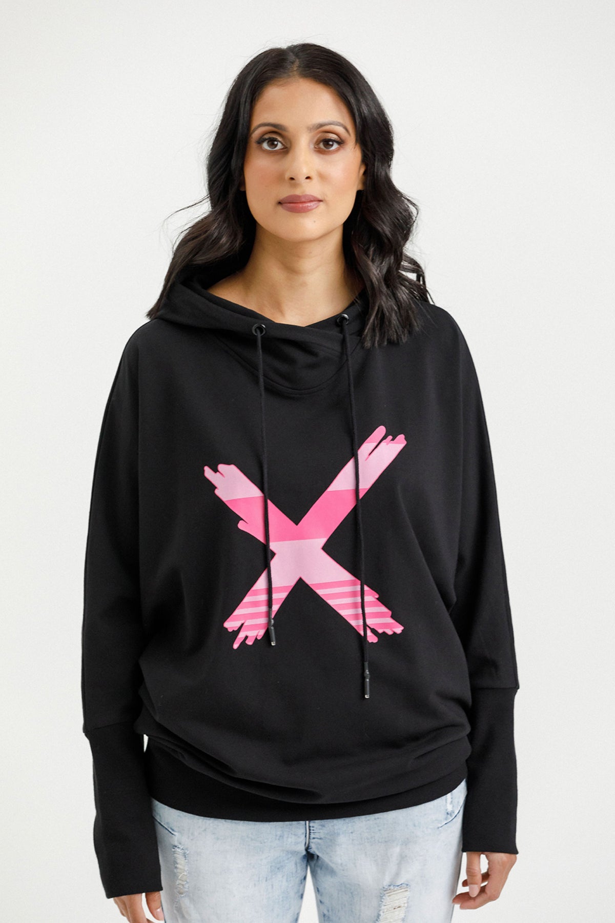 Ellen Hoodie Black With Irregular Pink Stripe