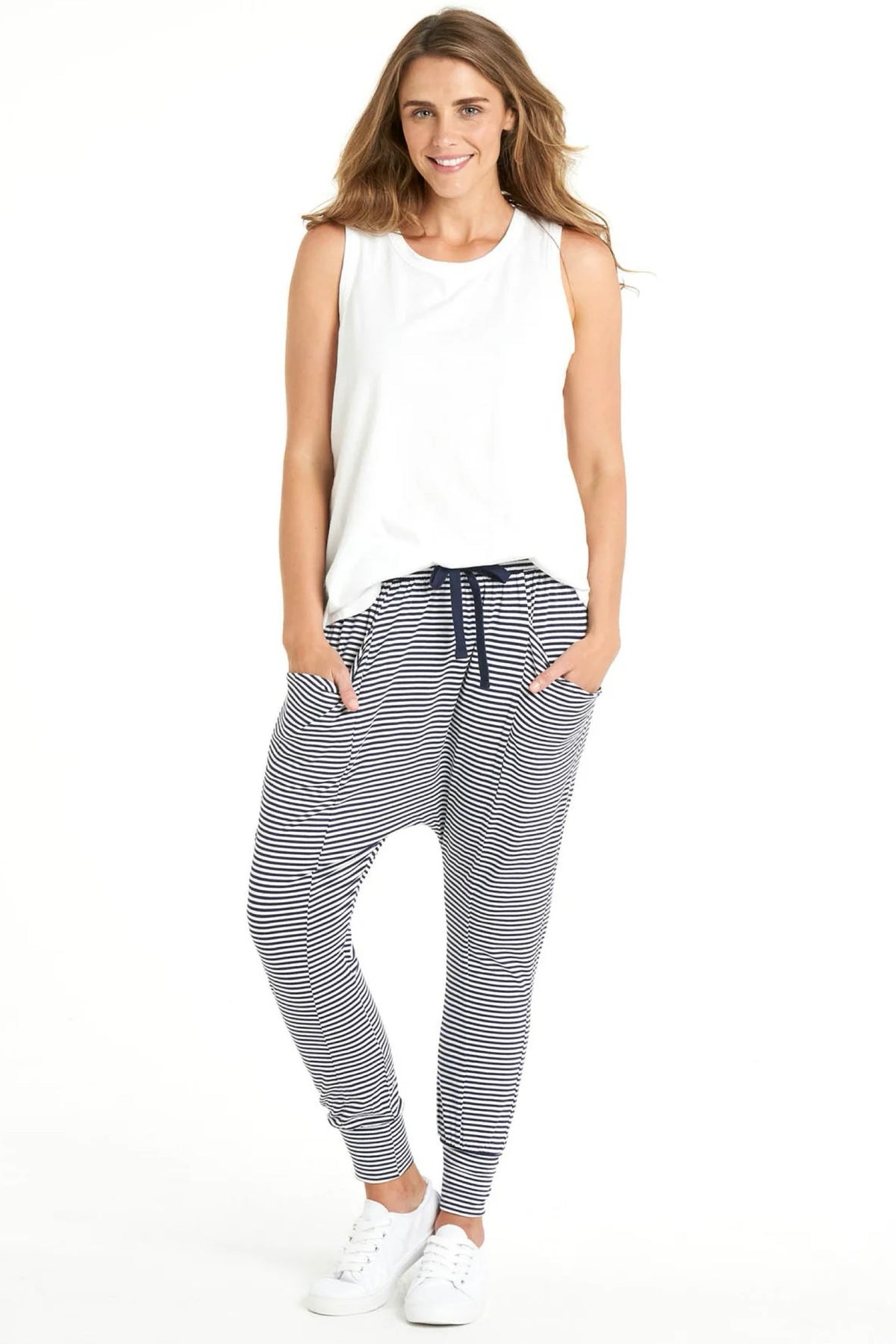 Barcelona Stretchy Relaxed Draped Jogger Pant Navy Blue/White Stripe