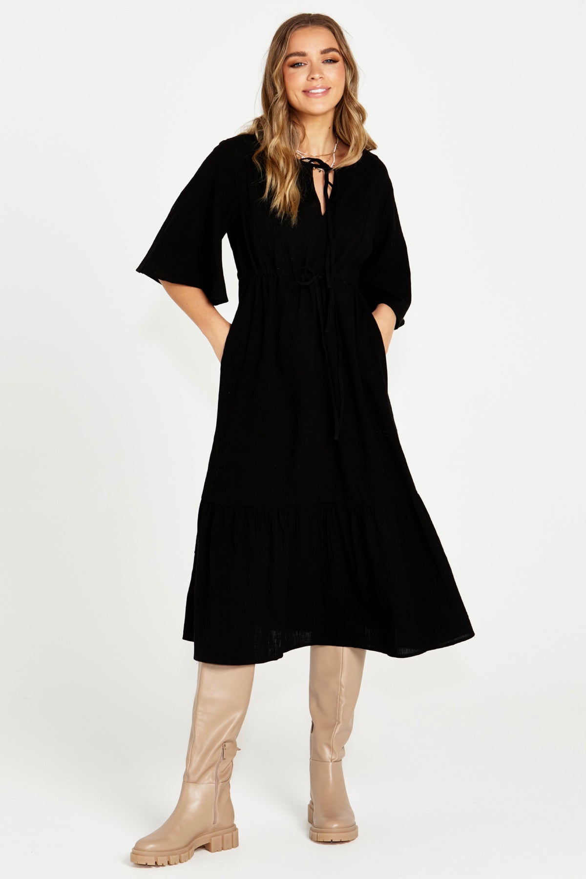 Sonya Midi Tiered Dress Black