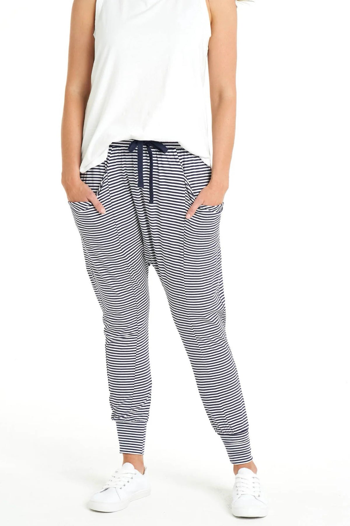 Barcelona Stretchy Relaxed Draped Jogger Pant Navy Blue/White Stripe