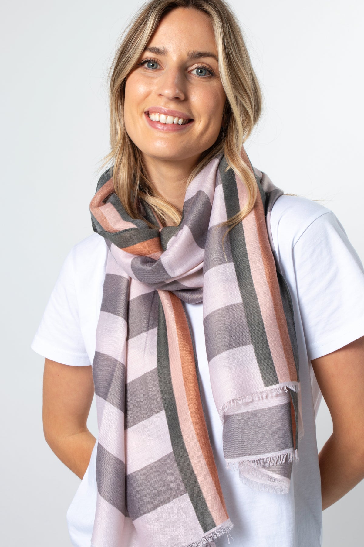 Stacked Block Stripe Blush And Grey Scarf