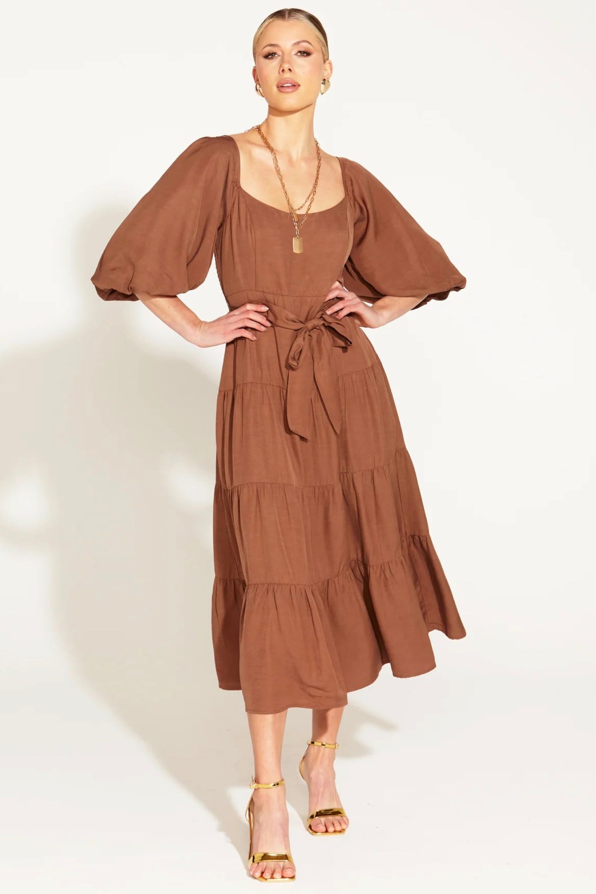 One And Only Tiered Midi Dress Mocha