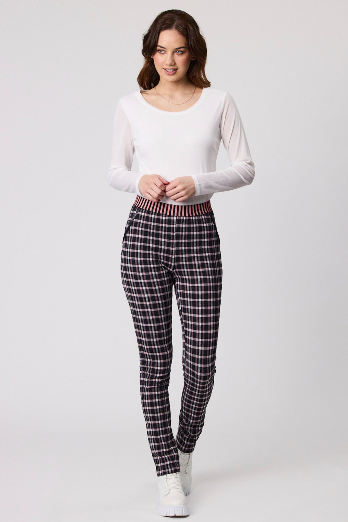 Zena Checked Pull Up Pant Black White and Pink