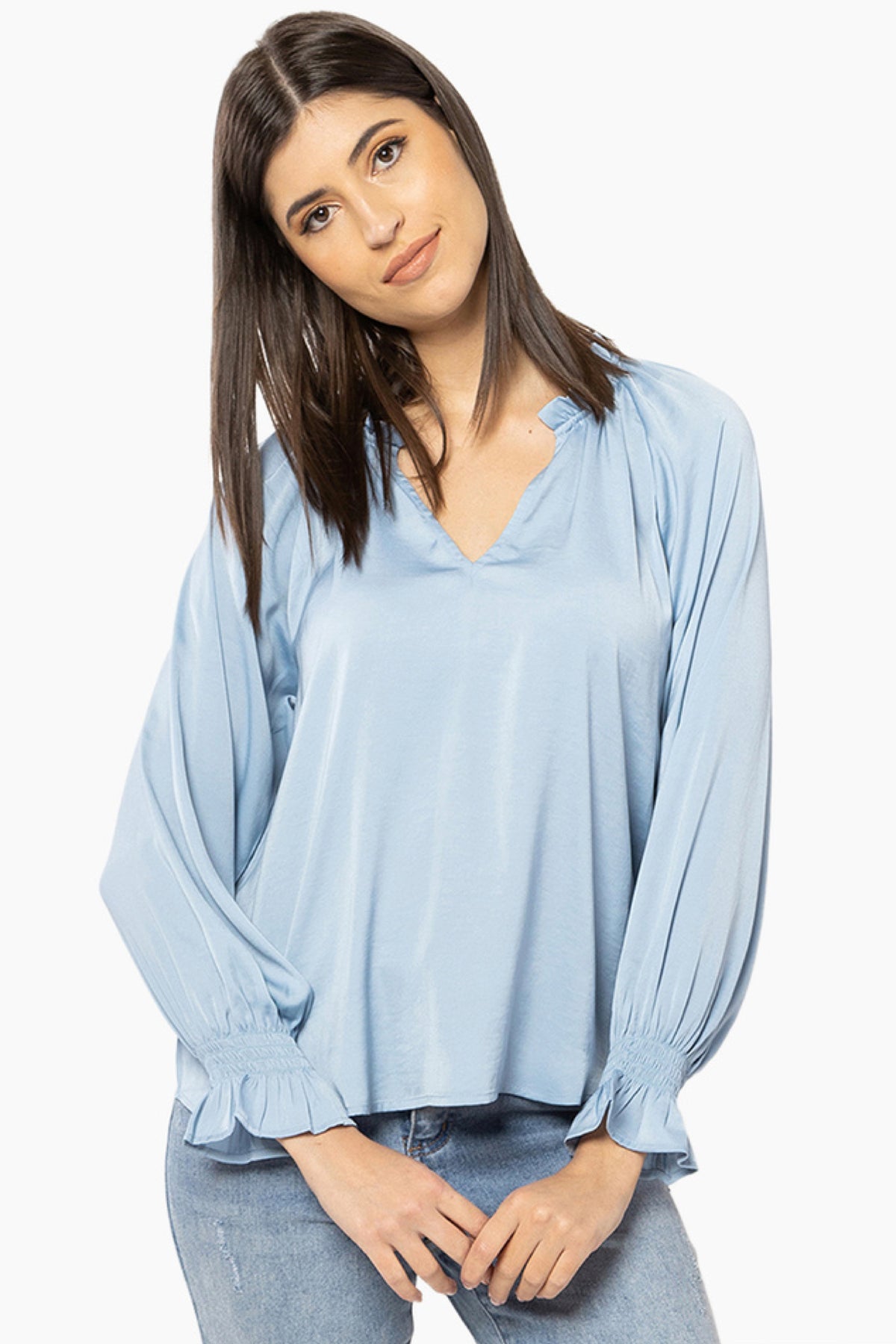 Pale Blue Satin Frill V Neck Top