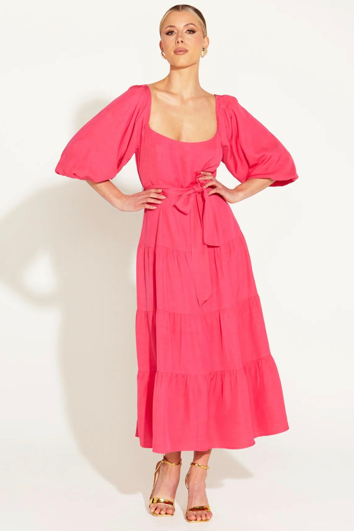 One And Only Tiered Midi Dress Hot Pink