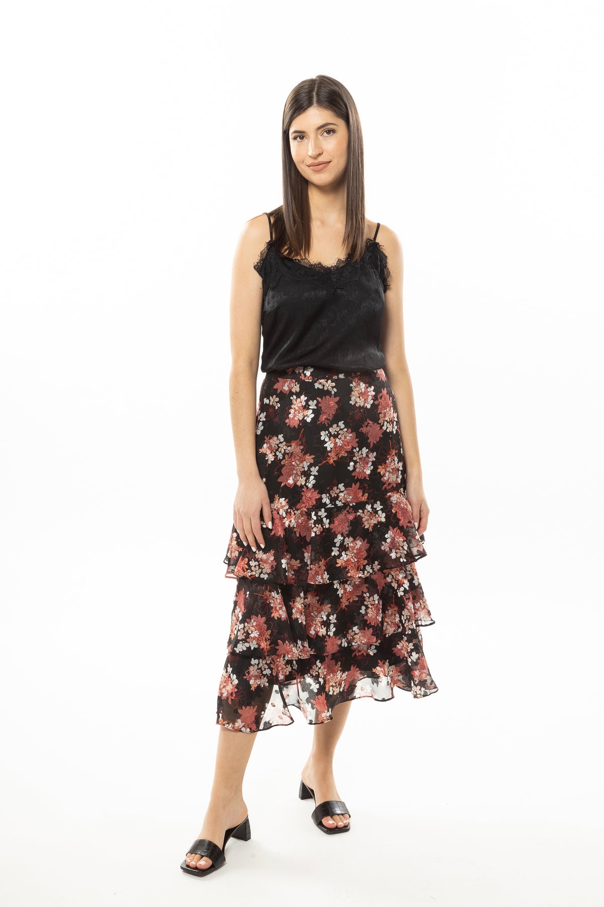 Triple Frill Maxi Skirt Black Red Floral