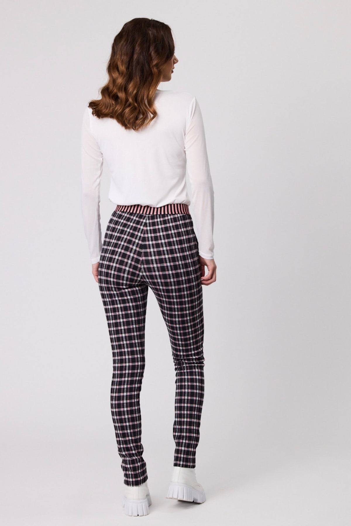 Zena Checked Pull Up Pant Black White and Pink