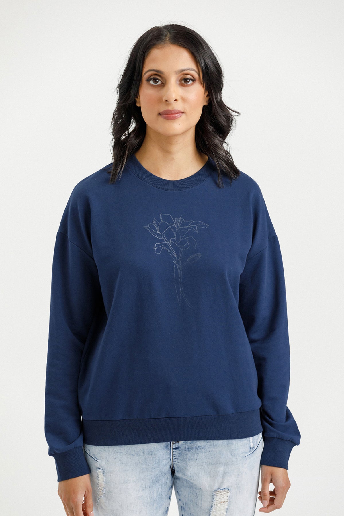 Camilia Crew Indigo Blue With Tonal Floral Print - PREORDER DELIVERY EARLY JUNE