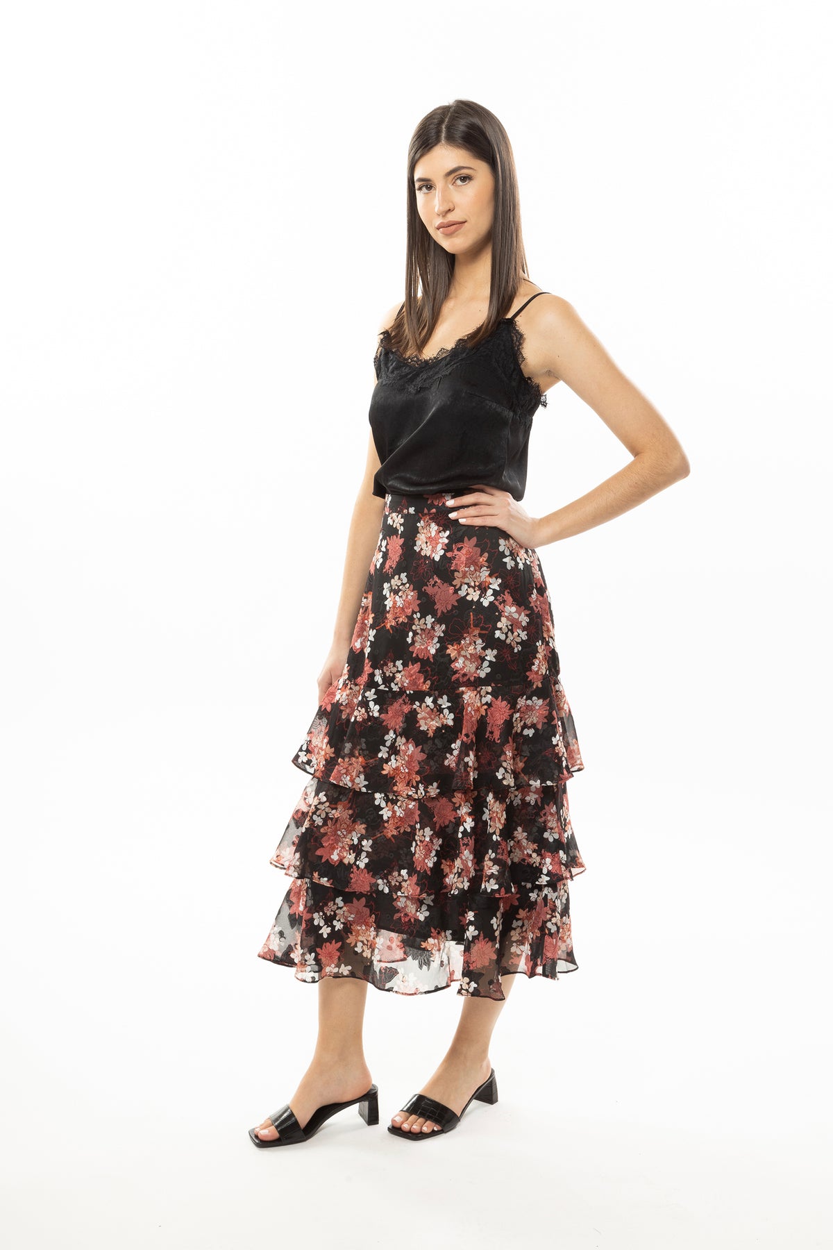 Triple Frill Maxi Skirt Black Red Floral