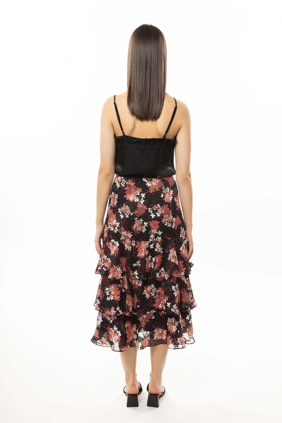 Triple Frill Maxi Skirt Black Red Floral