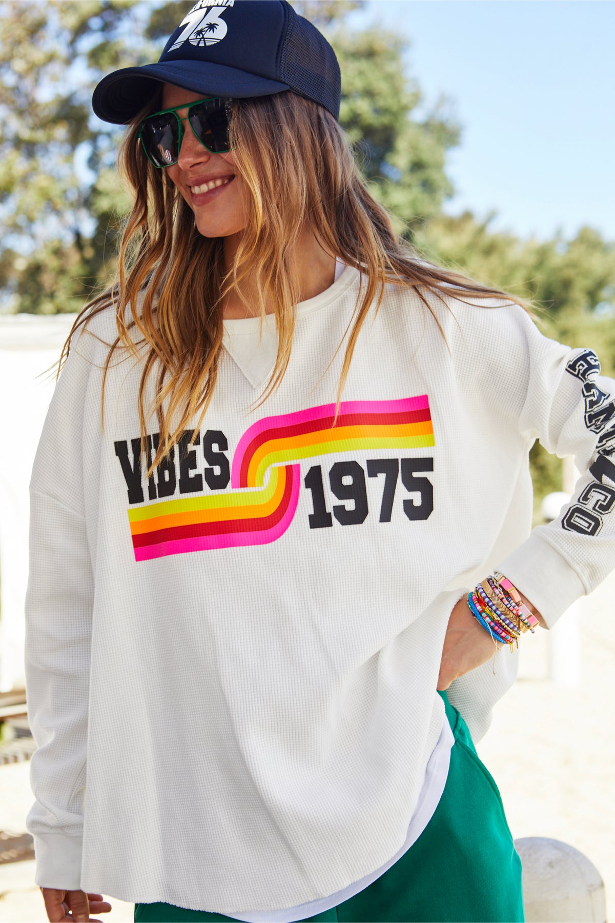 Vibes Waffle Long Sleeve Top White