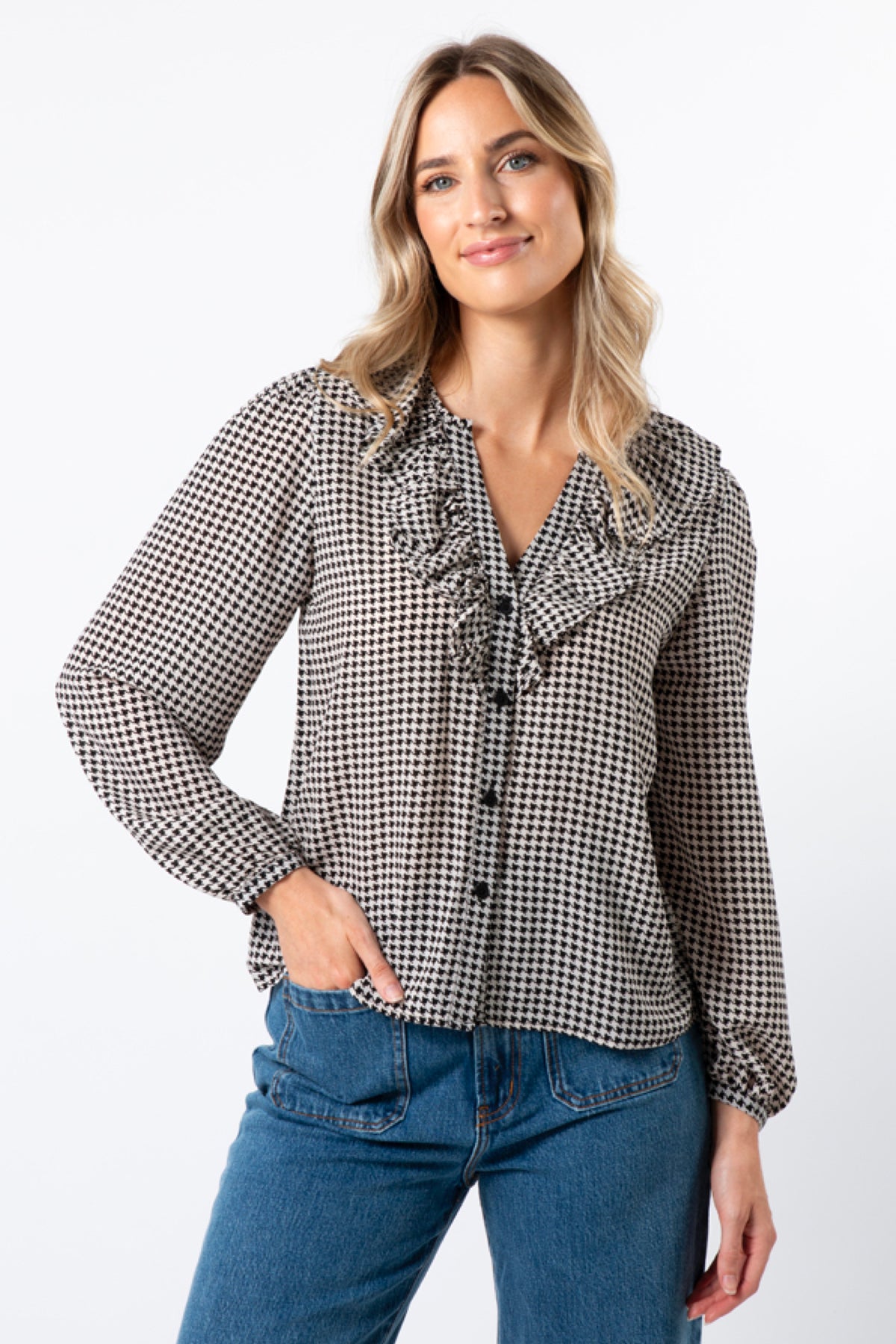Keaton Blouse Houndstooth Black & White - PREORDER DELIVERY EARLY JUNE