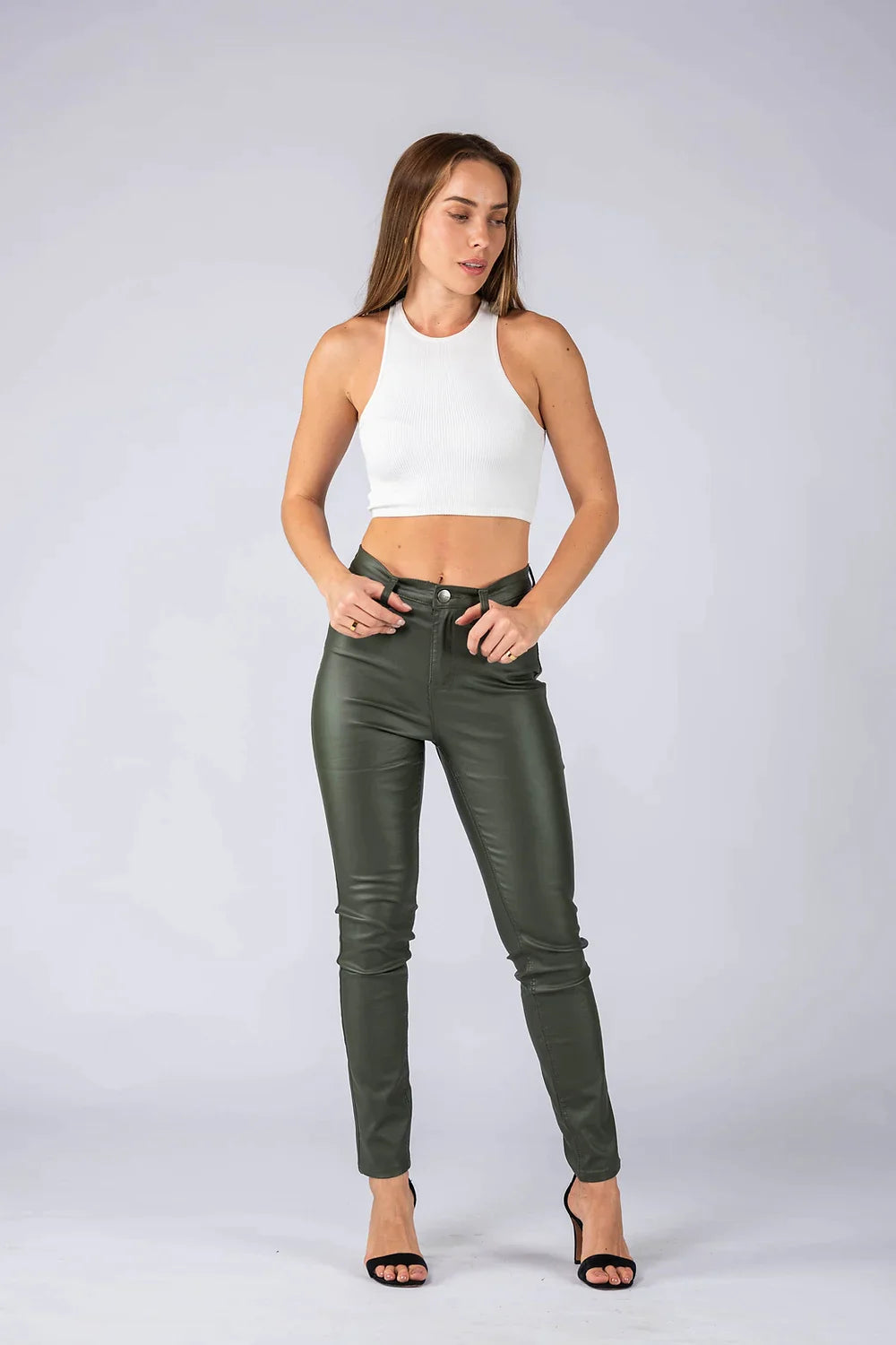 Maddi Khaki Wet Look Stretch Jean