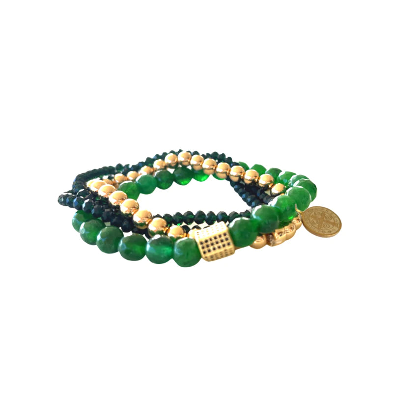 Luxe Emerald, Olive and Gold Beaded Bracelet Set