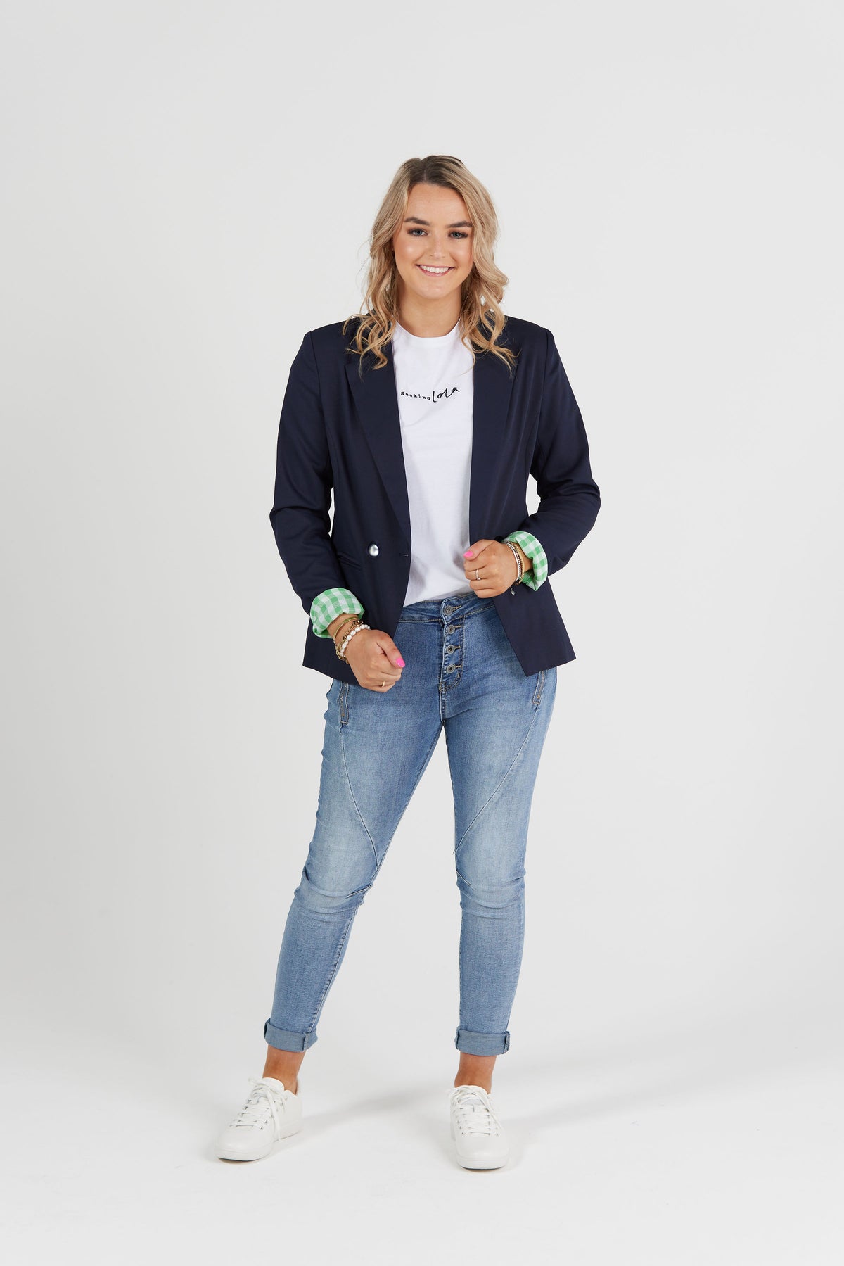 Georgie Double Breasted Blazer - Navy With Green Gingham EXCLUSIVE TO MINT