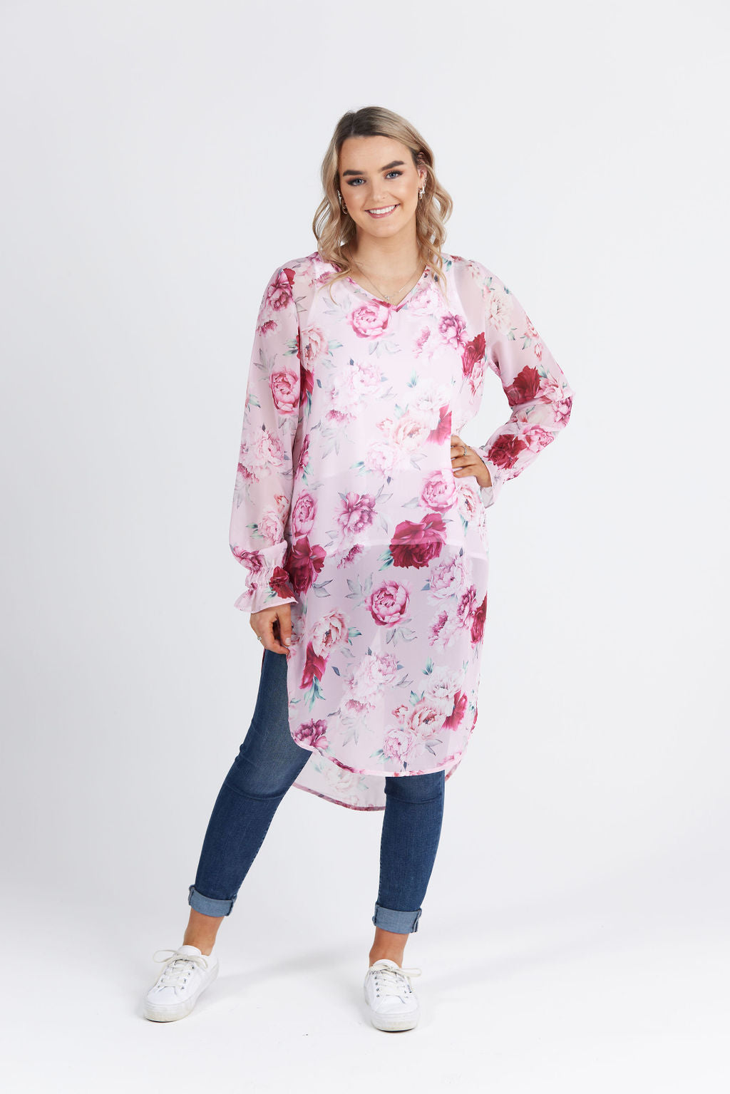 V Neck Opal Tabard Pink Peony Print