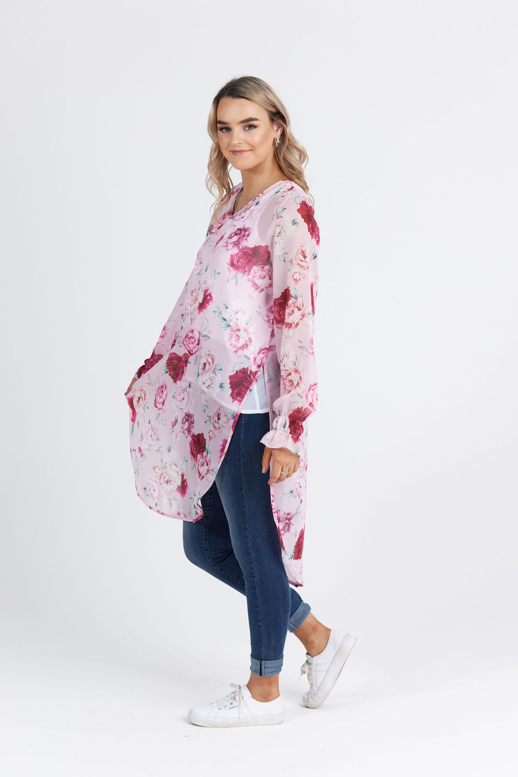 V Neck Opal Tabard Pink Peony Print