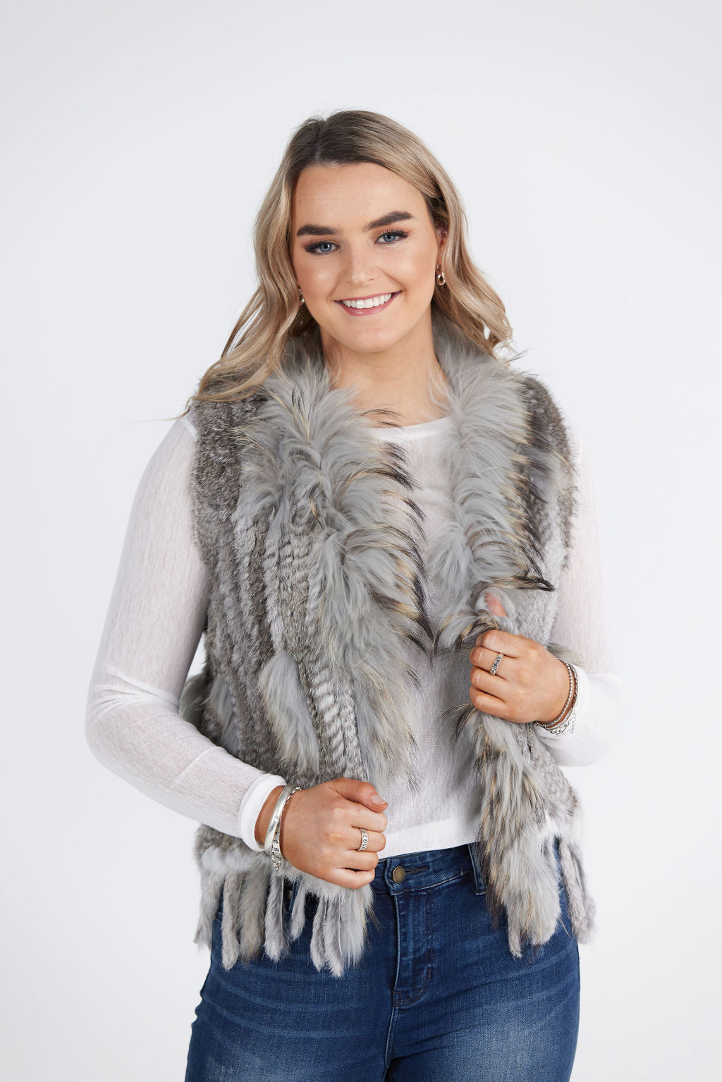 Rabbit Fur Vest With Tassels Natural Grey