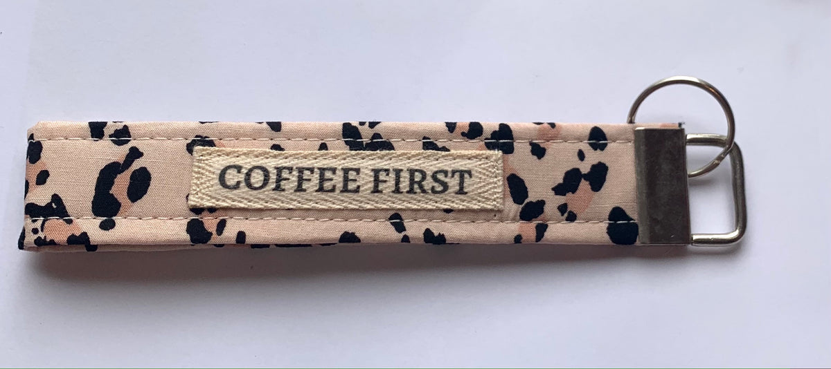 'Coffee First' Pink Leopard Key Chain