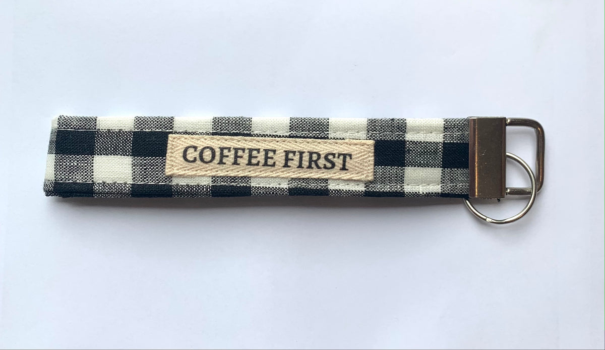 'Coffee First' Black Gingham Key Chain