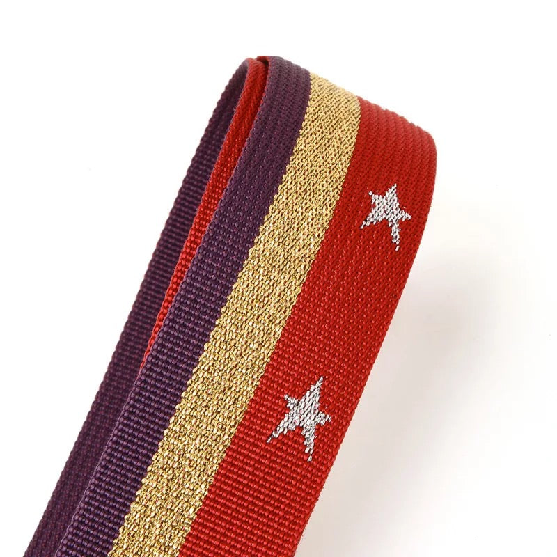 Red And Purple With Gold Lurex Stripe And Silver Stars Handbag Strap