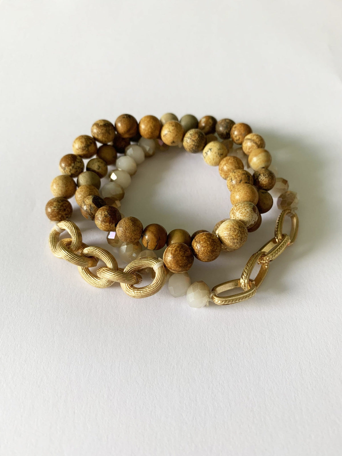Natural/Pastel Beads With Gold Chain Bracelets- Set of 3