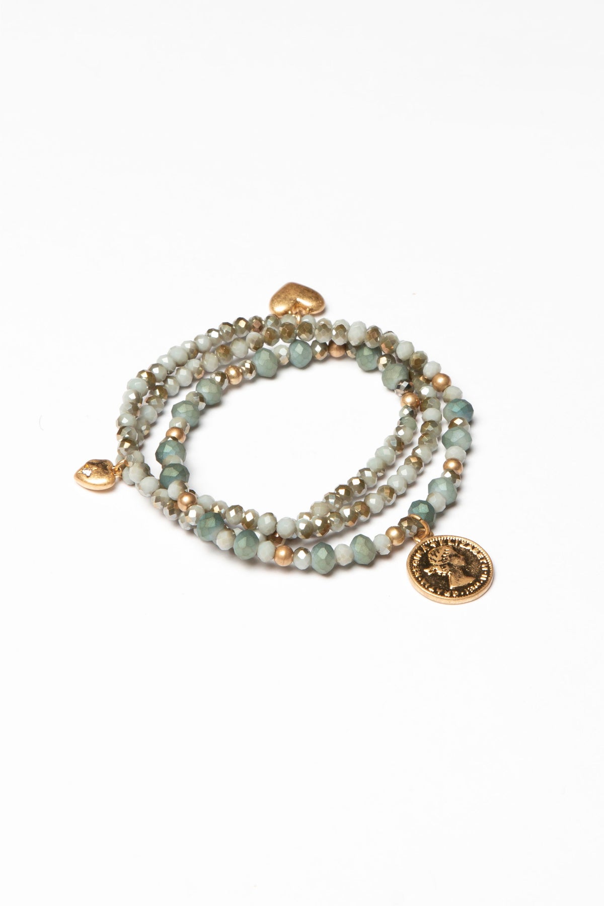 Grey Crystals With Gold Coin and Hearts Bracelet