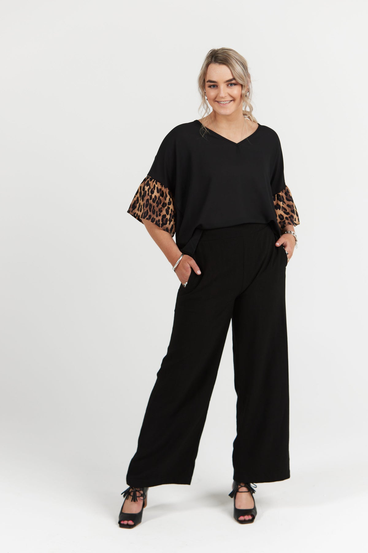 Emmeline Top Black With Leopard Sleeve