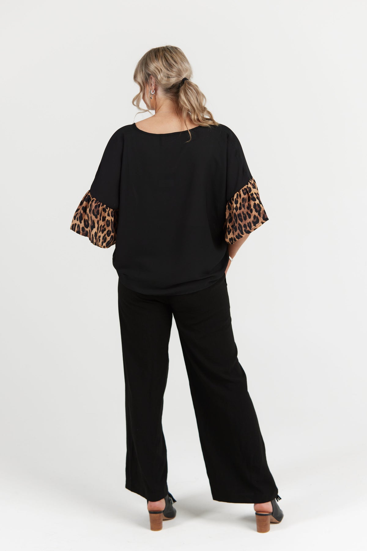 Emmeline Top Black With Leopard Sleeve