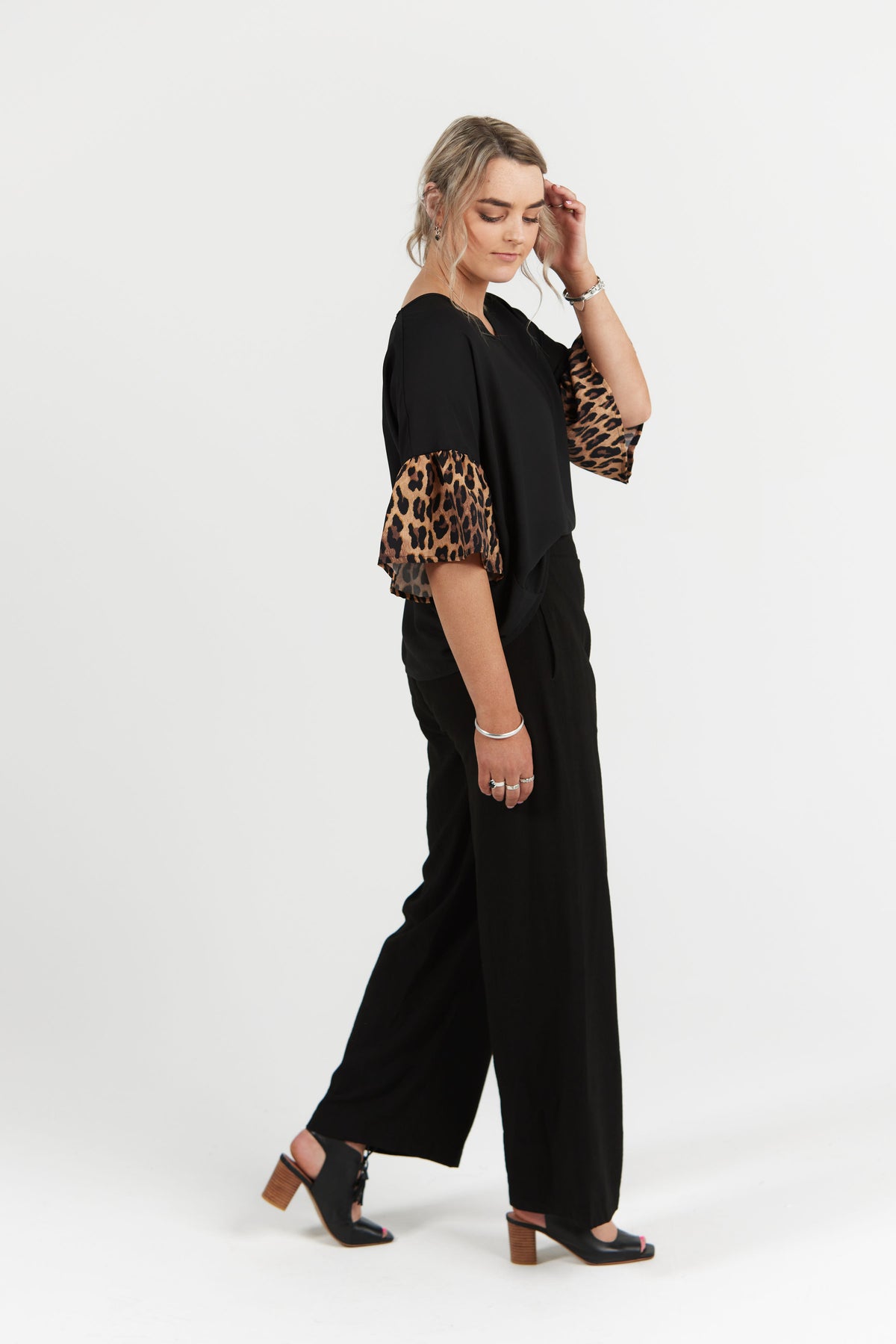 Emmeline Top Black With Leopard Sleeve