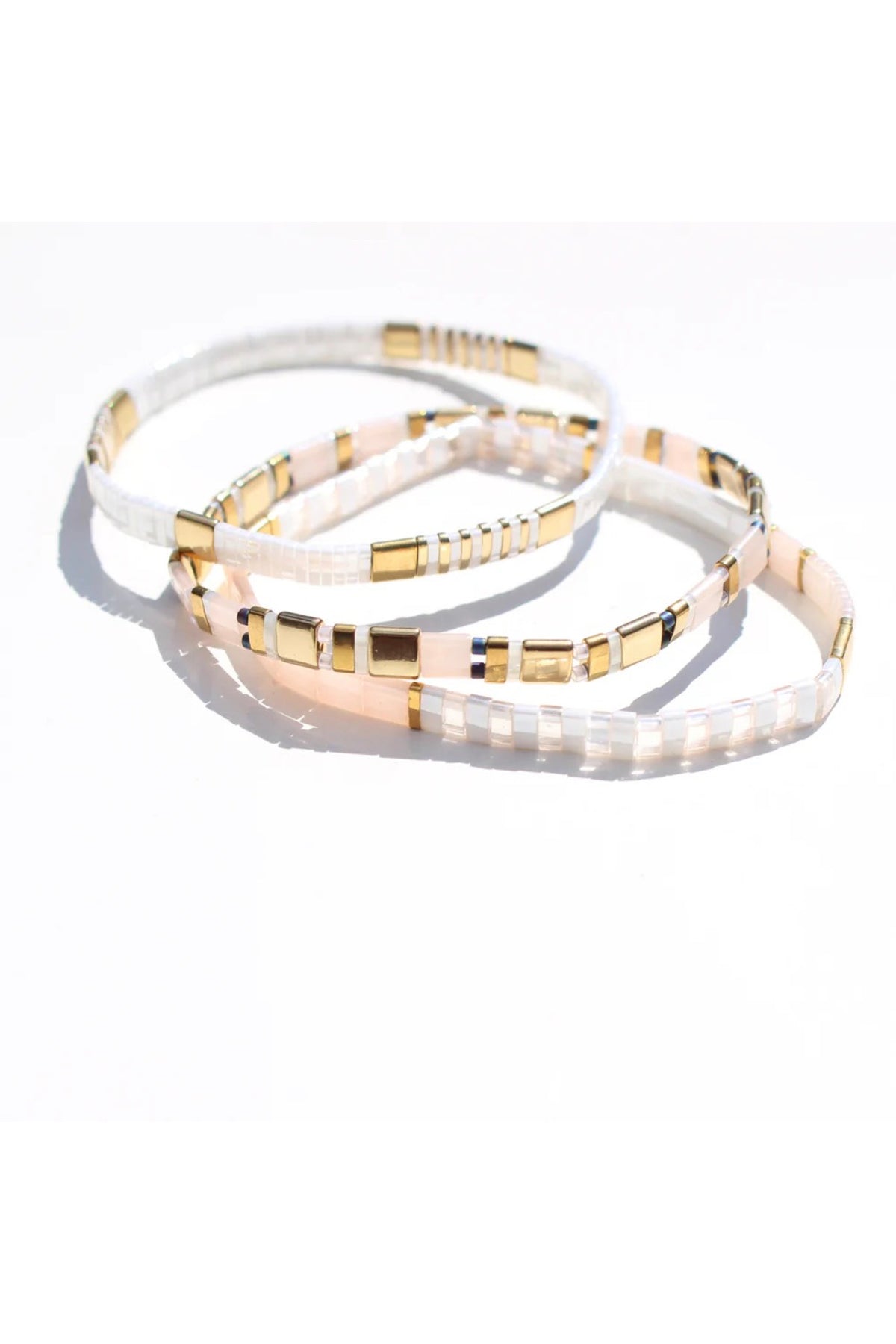 Glass Bead Bracelets Blush White + Gold Trio