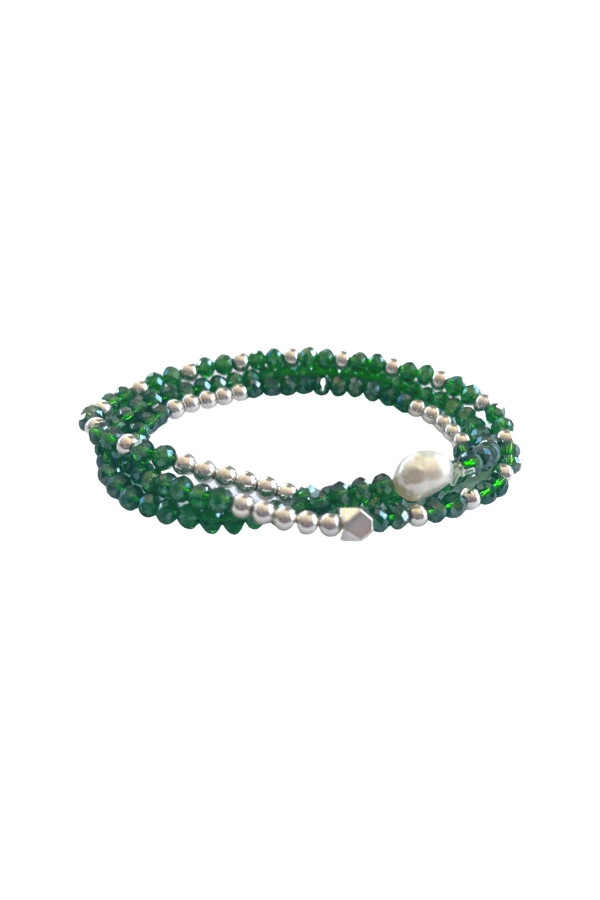 Emerald Pearl And Silver Beaded Bracelet Set