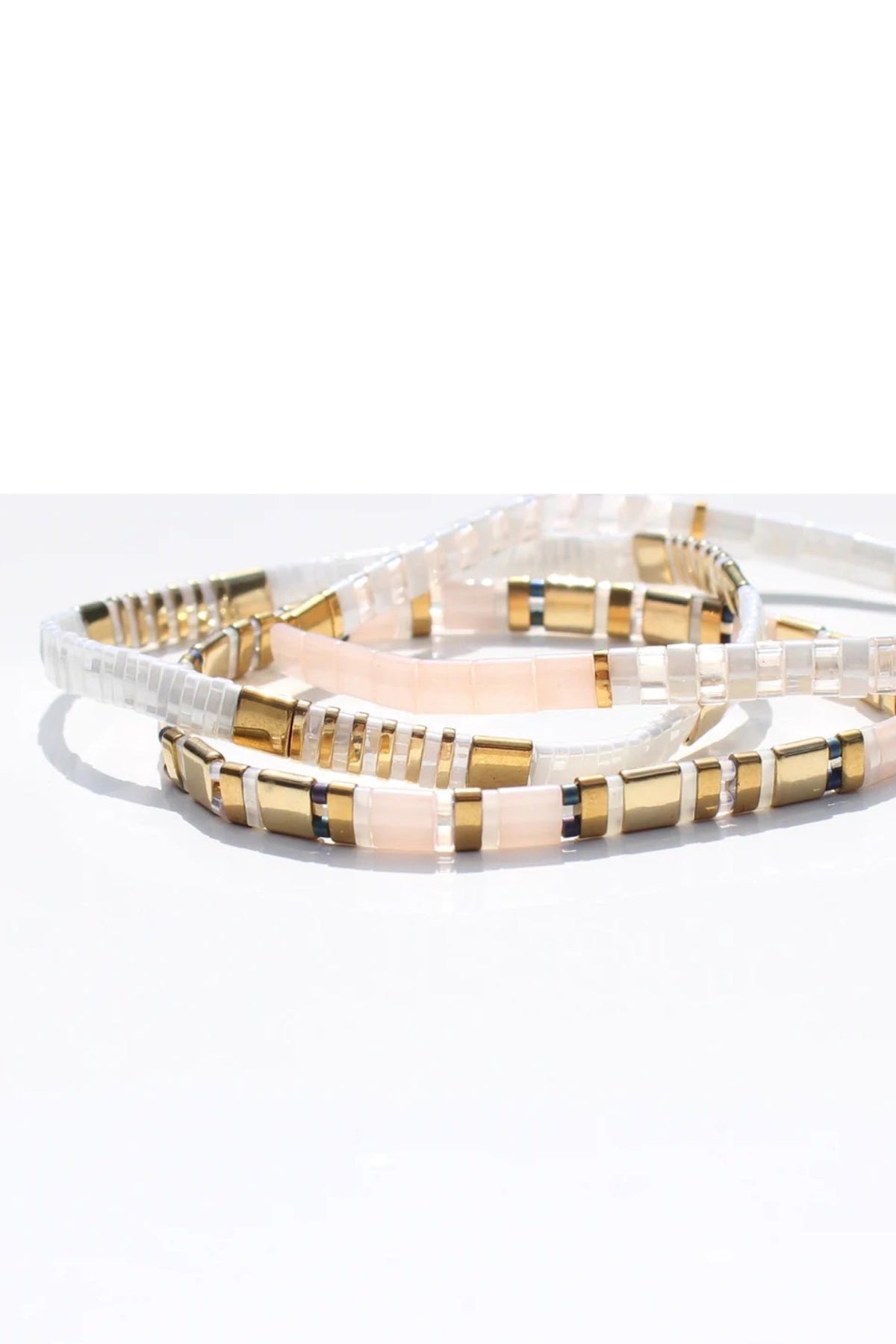 9CM Glass Bead Bracelets Blush White + Gold Trio
