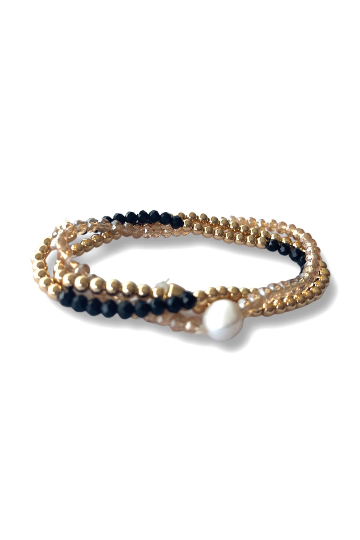 Champagne Pearl Black And Gold Beaded Bracelet Set