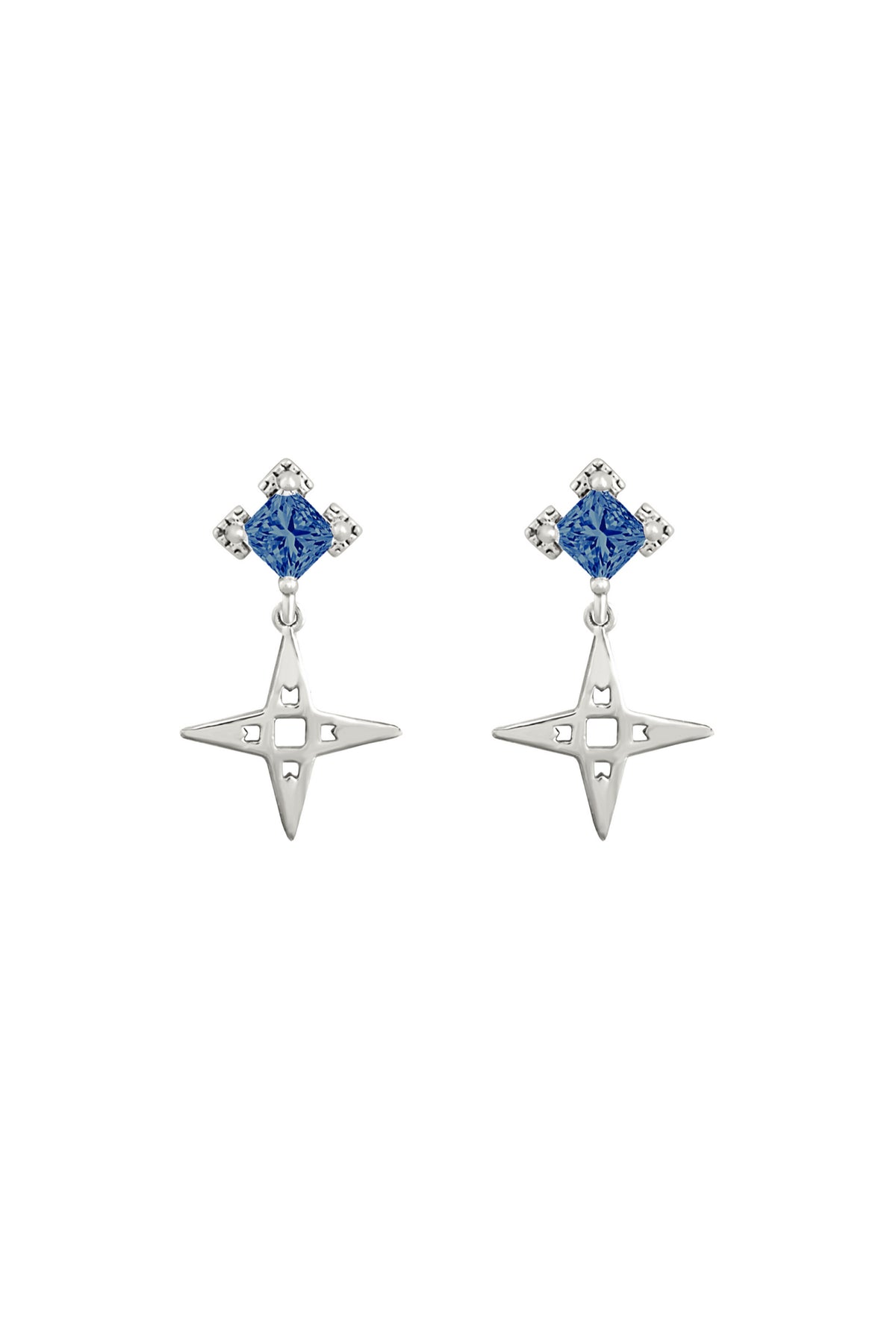 Star Stud Earrings With Sapphire Blue Stone Platinum