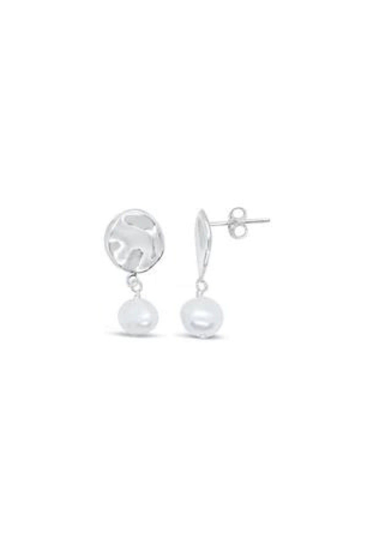 Beaten Stud With Freshwater Pearl Earrings Silver