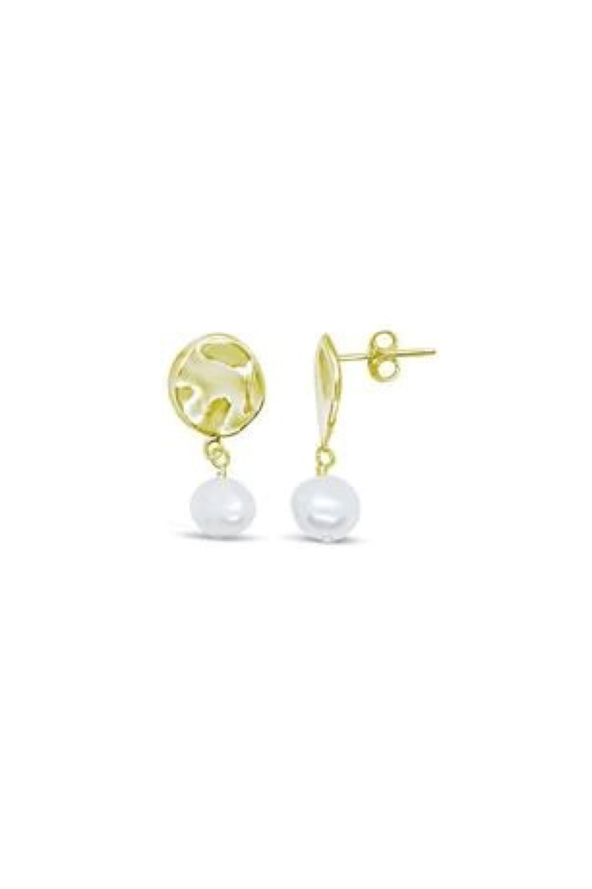 Beaten Stud With Freshwater Pearl Earrings Gold