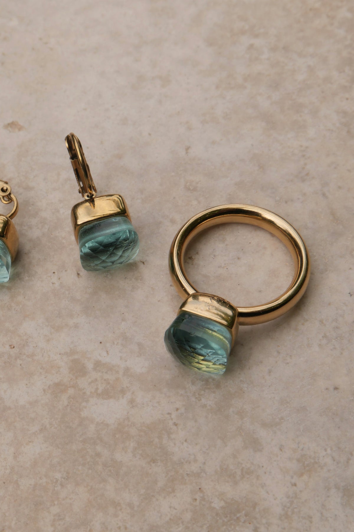 Glass Aquamarine Gold Steel Ring