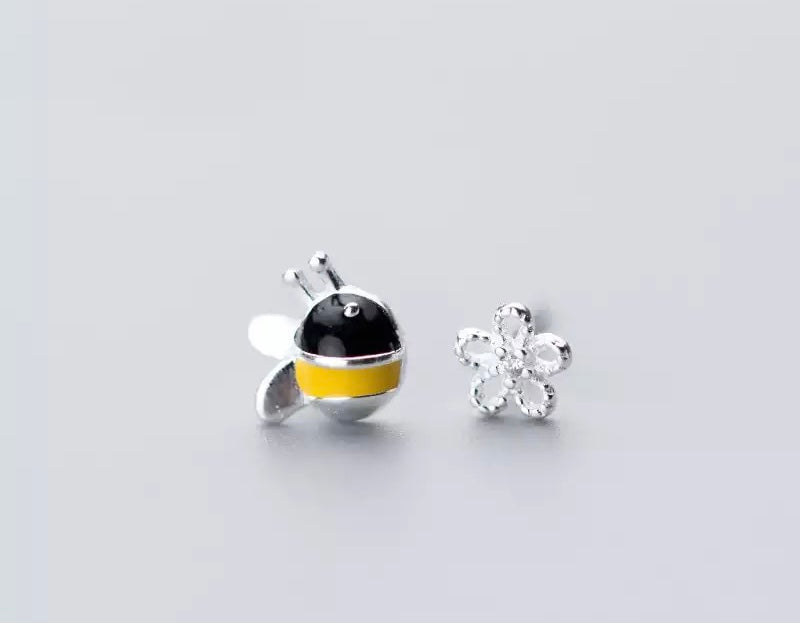 Tiny Bee And Flower Studs Sterling Silver