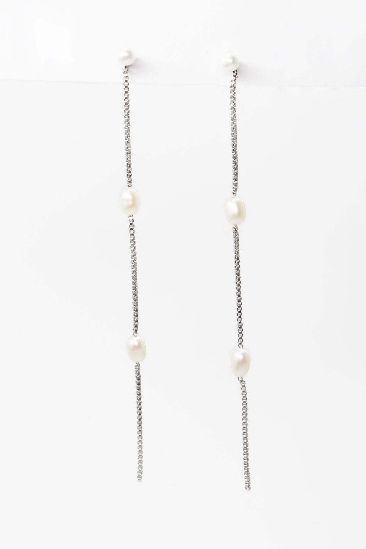 Silver Long Box Chain With Freshwater Pearls Earrings
