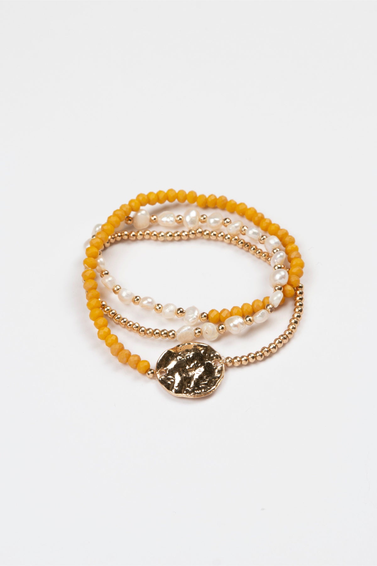 Wrap Bracelet Gold Pearls and Mustard Beads with Gold Disc