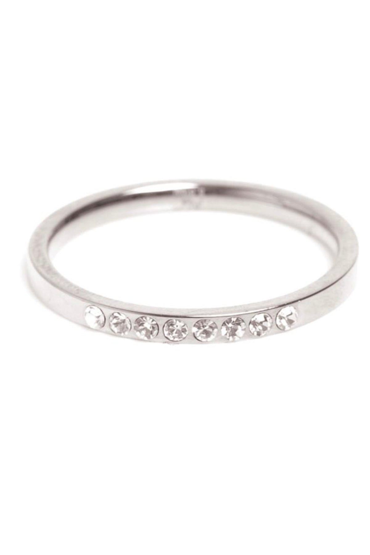 Thin Steel Band Ring With Crystals Silver